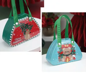 Détails des boîtes de Noël en fer blanc en forme de sac avec des motifs festifs