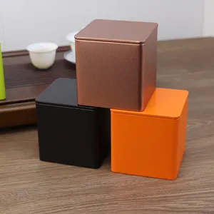 Minimalist square airtight tea tin canisters in bronze black and orange matte finish