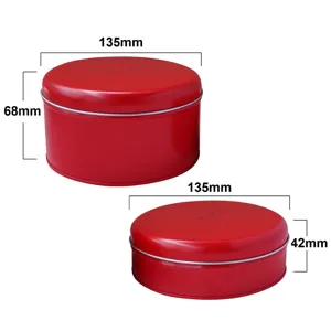 Caja de lata redonda roja sólida para galletas, diámetro 135mm, altura 68mm y 42mm envase metálico.