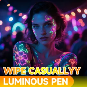 Penna per pittura del corpo UV fluorescente su modella in festa con fiori luminosi
