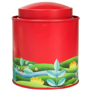 Red arched double lid tinplate tea canister, round metal container for tea storage box