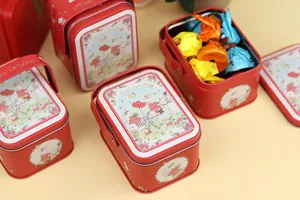 Red wedding favor tin box with handle and cute rabbit illustration for wedding candies.