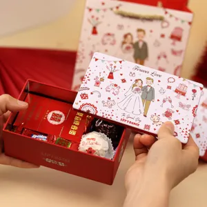 Boîte à bonbons de mariage carrée en fer-blanc rouge avec illustration de mariés