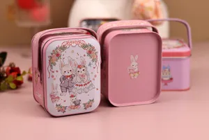 Boîte en fer blanc pour mariage avec charmant motif de lapin, boîte rose à bonbons.