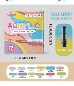 Macaron 12-color acrylic marker detail chart showing brush tip, dimensions and color swatch.