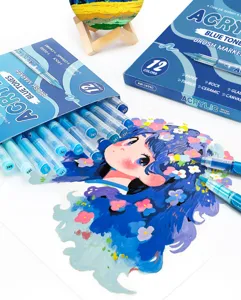 Vista detallada de 12 rotuladores acrílicos azules con una ilustración artística.