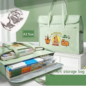 Bolsa grande verde para arte A3 con bonito estampado de carpincho y compartimentos