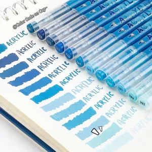 Professionele acrylmarkers in blauwe serie met penseelpunt en directe inktstroom