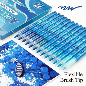 Set van 12 blauwe acrylmarkers met professionele zachte penseeltips voor kunstwerken