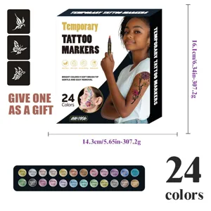 24 colors temporary tattoo markers kit, skin-safe waterproof body art drawing pens for kids and adults.