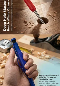 Détail du stylo de marquage pour bois profonds, pointe longue, poignée ergonomique.