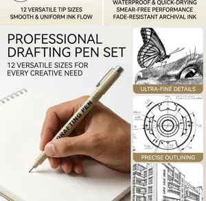 Detailansicht des Zeichenstift-Sets mit feinen Spitzen, wasserfester Tinte und präzisen Linien.