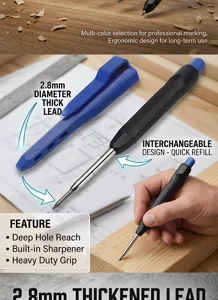 Crayon de charpentier professionnel pour trous profonds avec mine de 2,8 mm pour marquage précis.