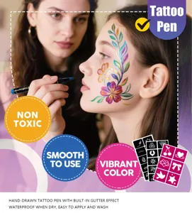 Set de bolígrafos de tatuaje para pintura corporal infantil con efecto brillante y plantillas