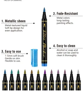 Rotulador de tatuaje metálico con punta de pincel suave de 1-5mm para arte corporal y dibujo creativo.