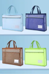 Transparent mesh tote storage bag detail, durable zipper file pouch, multi-color practical organizer.