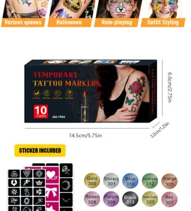 Set de rotuladores de tatuaje temporal para niños, con plantillas y 10 colores vibrantes.