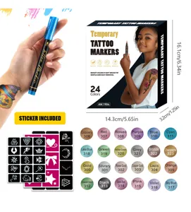 Set de rotuladores de tatuaje temporal con 24 colores vibrantes, plantillas y tinta segura.