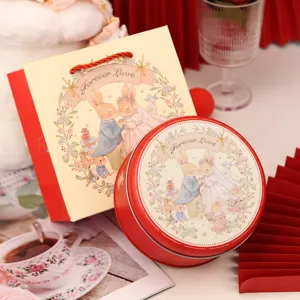 Wedding gift tin box and paper bag set featuring cute rabbit couple design for party favors.