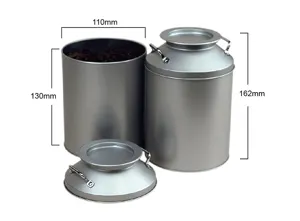 Set of vintage tinplate tea storage jars and creative milk can containers with dimensions.