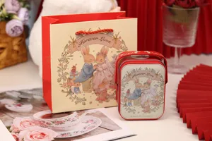 Wedding gift box tin set with cute rabbit illustration for wedding party favors and candy storage.