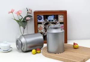 Vintage silver tinplate tea canister double ear metal storage box for loose tea coffee beans.