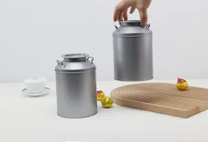 Detailed view of silver metal tea canister with double handles and minimalist design.