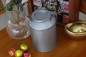 Silver tin tea canister with double handles, vintage storage jar for loose tea leaves and herbs.