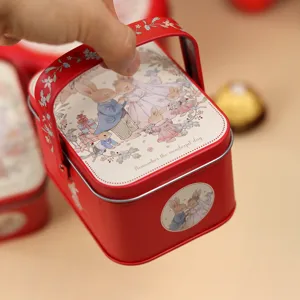 Red tin wedding favor box with cute rabbit illustration, perfect for candy and gift packaging.