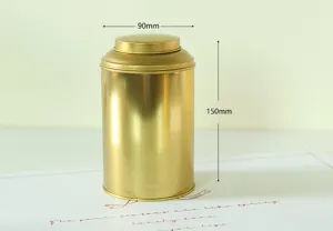 Gold metal tea tin canister detail, 90x150mm cylindrical storage container showcase.