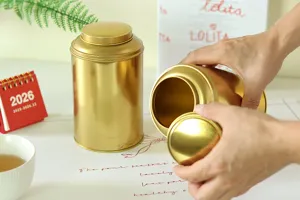 Gold metal tea caddy moisture-proof tinplate canister detail view for kitchen storage