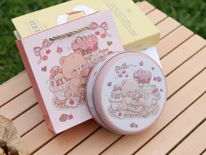 Boîte d'emballage ronde en fer-blanc pour biscuits, boîte cadeau courte avec motif d'ours.
