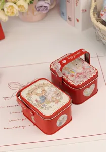 Boîte à bonbons de mariage rouge en fer-blanc avec illustration de lapin pour cadeaux.