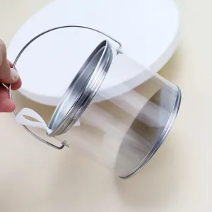 Scatola regalo trasparente in PVC e latta con manico in metallo per feste e ricorrenze.