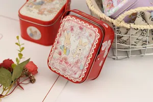 Boîte en métal rouge de mariage avec poignée, illustration de lapin pour cadeau de bonbons.