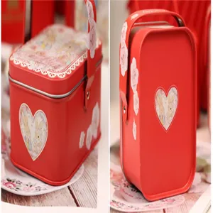 Boîte cadeau en métal rouge pour mariage avec illustration de lapin mignon et poignée pour fête.