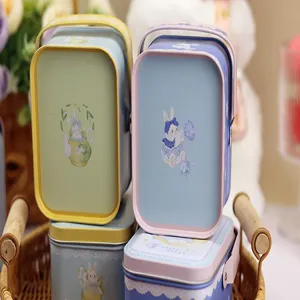 Boîte cadeau en fer-blanc portable avec joli motif de lapin pour bonbons et fêtes.