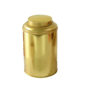 Gold metal tea tin container with double lid for dry food storage and DIY design packaging.