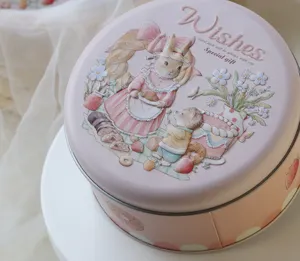 Dettaglio dell'illustrazione di coniglio in rilievo 3D su scatola di latta rosa rotonda