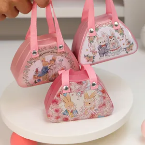 Boîte cadeau en fer-blanc de mariage lapin mignon pour bonbons, sac à main en métal rose portable.