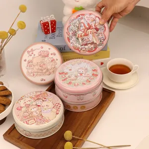 Boîte de Rangement Ronde en Fer-Blanc pour Biscuits Chocolat Boîte en Métal Motif Ours Lapin Mignon pour Stockage de Nourriture