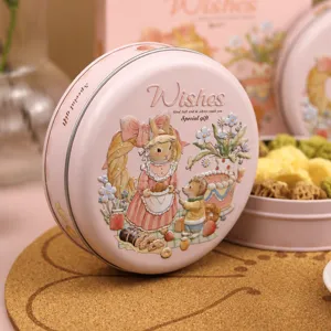 Boîte en métal ronde rose avec joli motif de lapin pour biscuits et emballage cadeau 135mm
