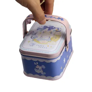 Boite en fer-blanc portable pour emballage de bonbons avec design de lapin mignons vue principale.