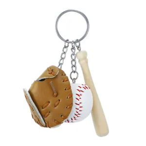 Detailed view of the baseball keychain set with leather glove and wooden bat charms