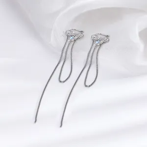 Elegante silberne lange Quastenkette Ohrringe mit Mondstein-Schleife für ungestochene Ohren