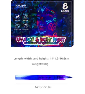 UV face and body paint marker set with 8 vibrant neon colors, non-toxic and waterproof.