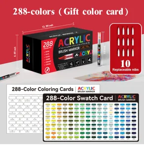 288-color acrylic brush marker set with replaceable nibs and color swatch cards for art painting.