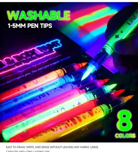 Vibrant UV glow body paint pens set with 8 colors, 1-5mm tips, perfect for party and festival.