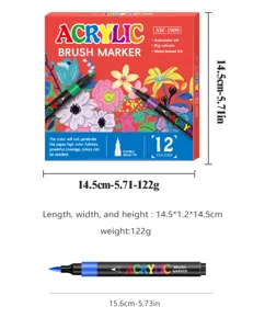 Detailansicht 12er-Set Acryl-Pinselmarker mit Maßen und Gewichtsinformationen