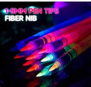 Detail shot of colorful fluorescent marker pens featuring 1-5mm fiber tips for vibrant creative art.